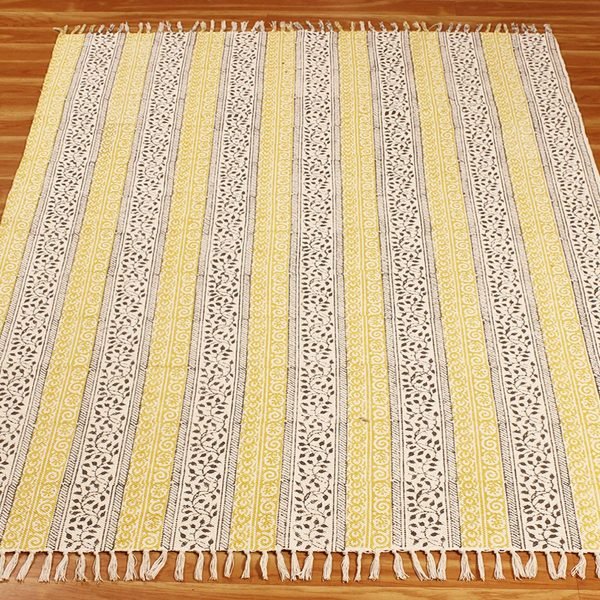 Floral Black Hand Block Printed Cotton Rug - Image 3