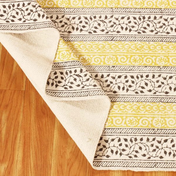 Floral Black Hand Block Printed Cotton Rug - Image 5