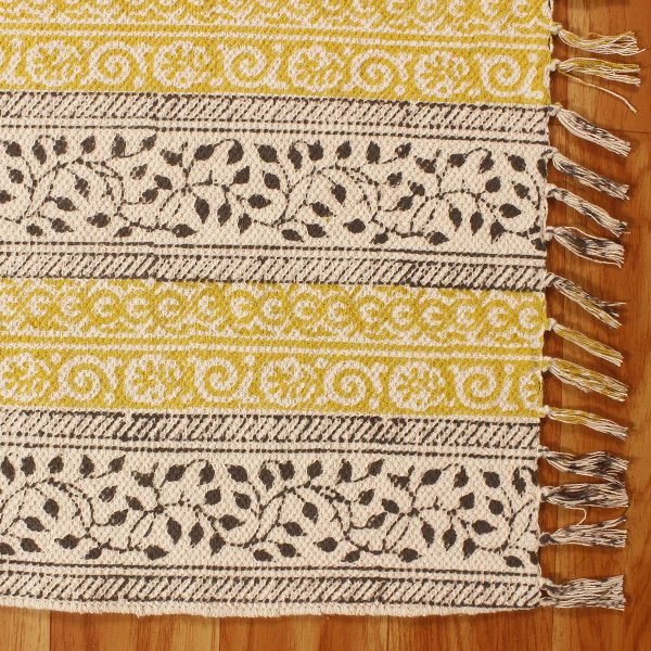 Floral Black Hand Block Printed Cotton Rug - Image 6