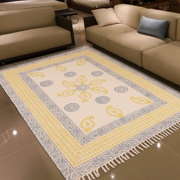 Geometric Cotton Blue Hand Printed Rug - Image 2