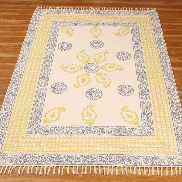 Geometric Cotton Blue Hand Printed Rug - Image 3