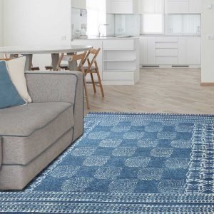 Hand Block Printed Blue & Beige Cotton Area Rug