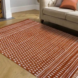 Block Printed Red Geometric Cotton Area Rug