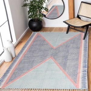 Blue Geometric Block Printed Cotton Area Rug
