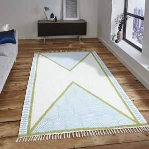 Green Cotton Dhurrie Block Printed Area Rug