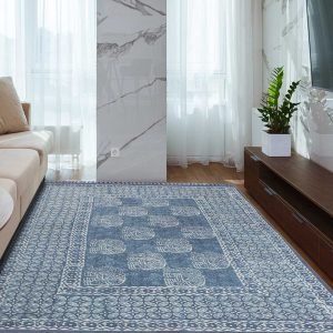 Hand Block Printed Blue Cotton Indoor Rug