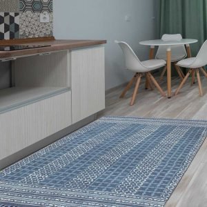 Blue Hand Block Printed Striped Cotton Rug