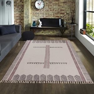 Hand Block Printed Beige Geometric Cotton Rug