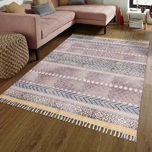 Hand Block Printed Brown Cotton Area Rug