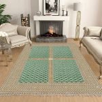 Green Hand Block Printed Large Area Cotton Rug