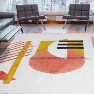 Hand Block Printed Beige Cotton Area Rug