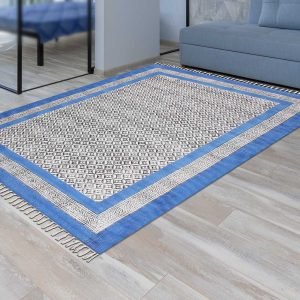 Blue and Black Cotton Area Rug with Border Carpet