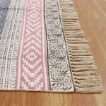 Pink Blue Cotton Hand Block Printed Rug