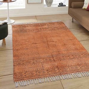 Abstract Brown Cotton Hand Block Printed Rug