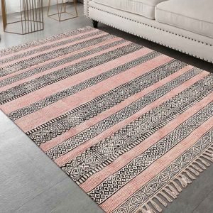 Hand Block Printed Pink Black Cotton Rug