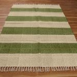 Green Beige Hand Block Printed Striped Rug