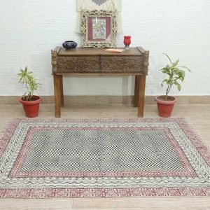 Red Cotton Bedroom Block Printed Patio Carpet