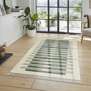 Hand Block Printed Green Striped Cotton Rug