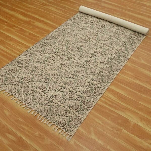 Floral Printed Cotton Handmade Blue Large Area Rug - Image 7