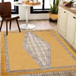Handmade Large Area Rug Yellow Print Dhurrie