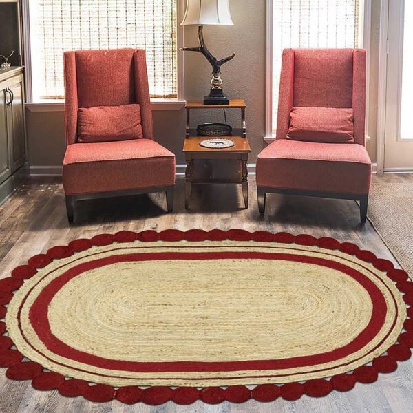 Red Jute Rug Hand Braided Geometric Carpet - Image 2