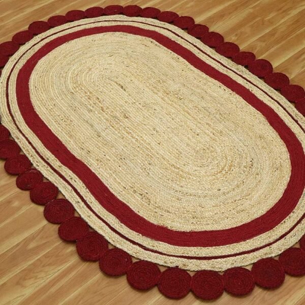 Red Jute Rug Hand Braided Geometric Carpet - Image 5