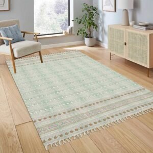 Handmade Geometric Embroidery Green Area Rug