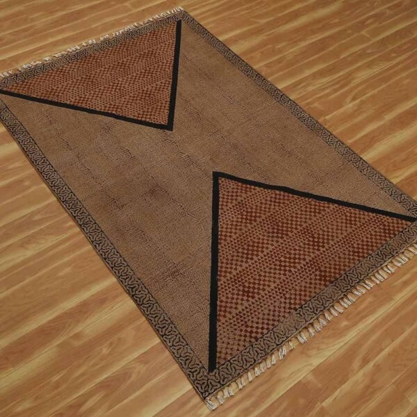 Hand Block Printed Cotton Brown Area Rug - Image 4