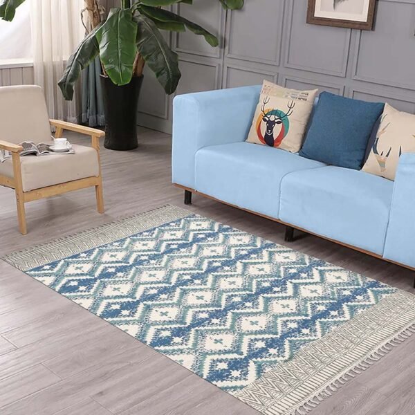 Blue Hand Block Printed Cotton Hall Area Rug - Image 2