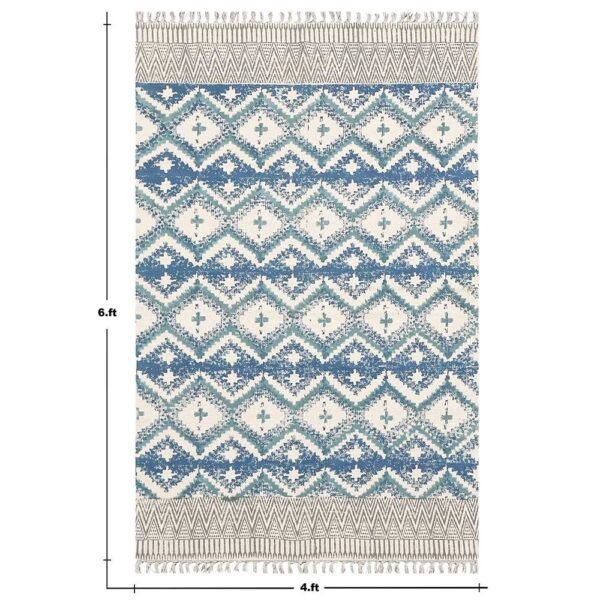 Blue Hand Block Printed Cotton Hall Area Rug - Image 3
