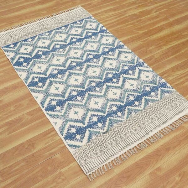 Blue Hand Block Printed Cotton Hall Area Rug - Image 4