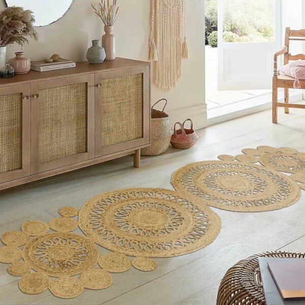 Hand Braided Beige Runner Rug Scalloped Design - Image 2