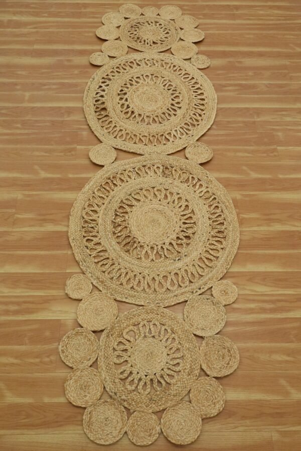 Hand Braided Beige Runner Rug Scalloped Design - Image 4