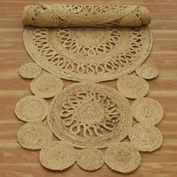 Hand Braided Beige Runner Rug Scalloped Design - Image 6