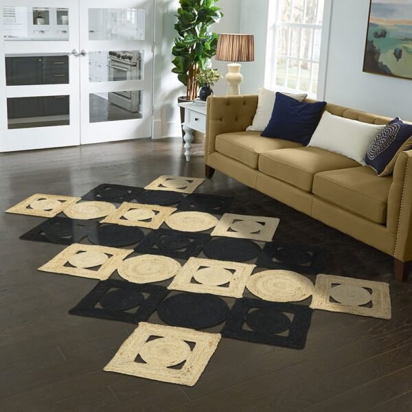 Handmade Stylish Natural Black Beige Jute Rug - Image 2