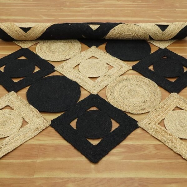 Handmade Stylish Natural Black Beige Jute Rug - Image 5