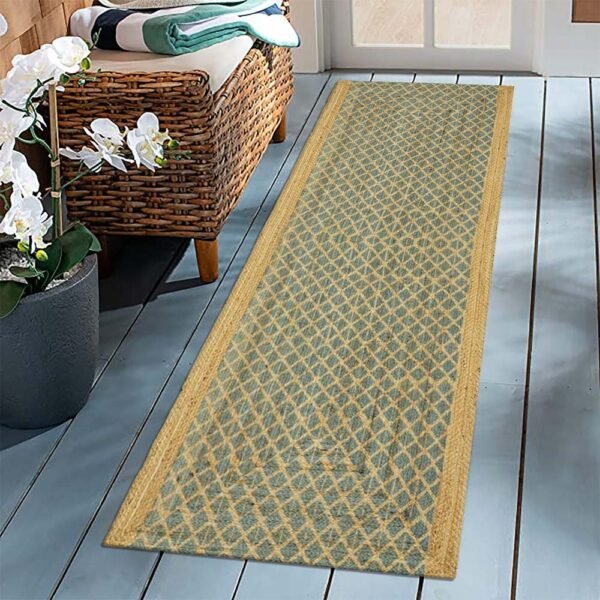 Handmade Jute Rug Green Block Printed  Rug - Image 2