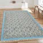 Blue Block Printed Rug Handmade floral rug