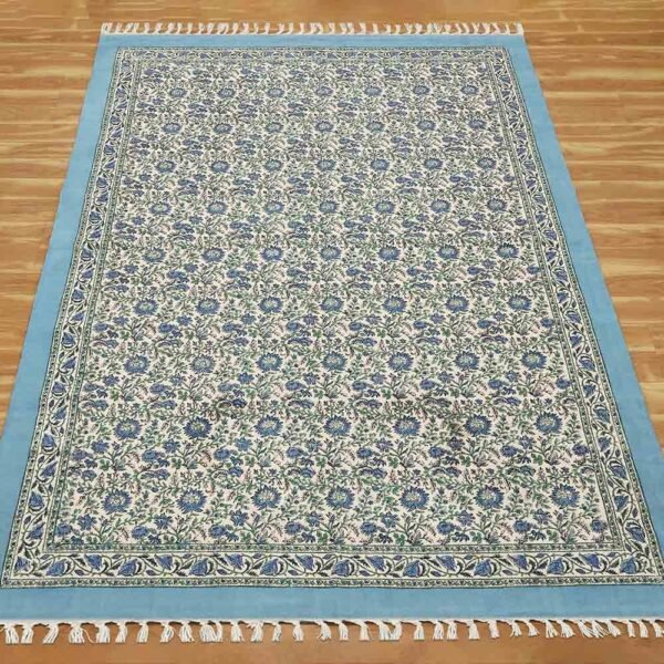 Blue Block Printed Rug Handmade floral rug - Image 4
