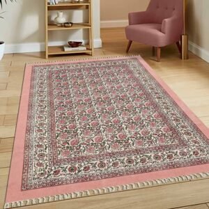 Pink Floral Rug Oriental Blocks Cotton area Rug