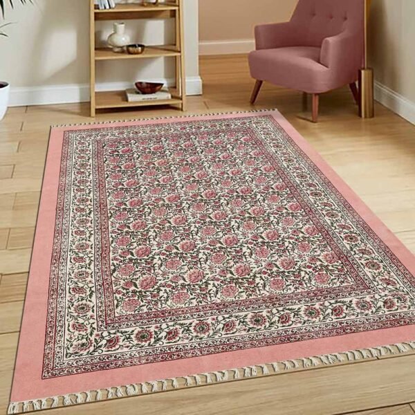 Pink Floral Rug Oriental Blocks Cotton Area Rug - Image 2
