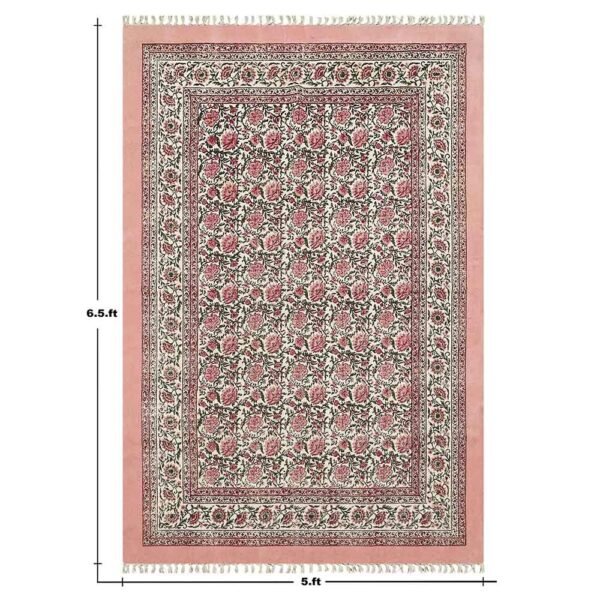 Pink Floral Rug Oriental Blocks Cotton Area Rug - Image 3