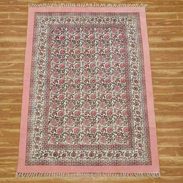 Pink Floral Rug Oriental Blocks Cotton Area Rug - Image 4