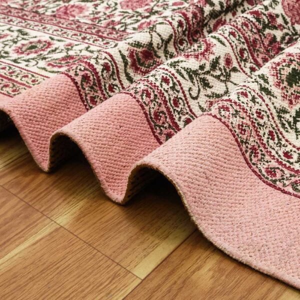 Pink Floral Rug Oriental Blocks Cotton Area Rug - Image 8