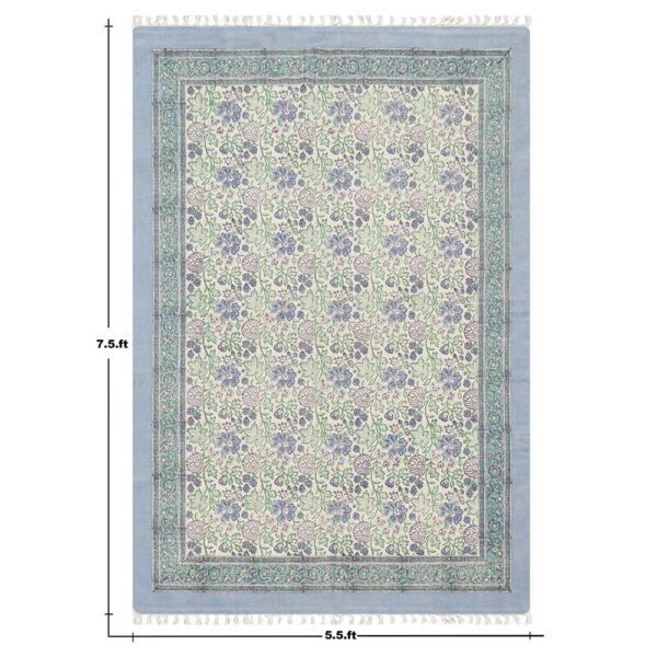 Floral Hand Block Printed Cotton Area Rug - Image 3