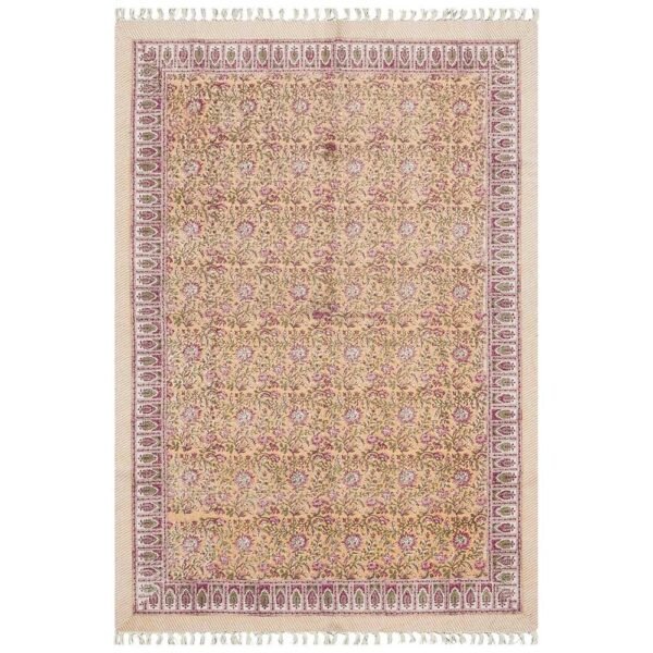 Hand Block Floral Pink Rug Cotton Living Area Rug