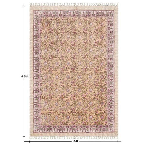 Hand Block Floral Pink Rug Cotton Living Area Rug - Image 3