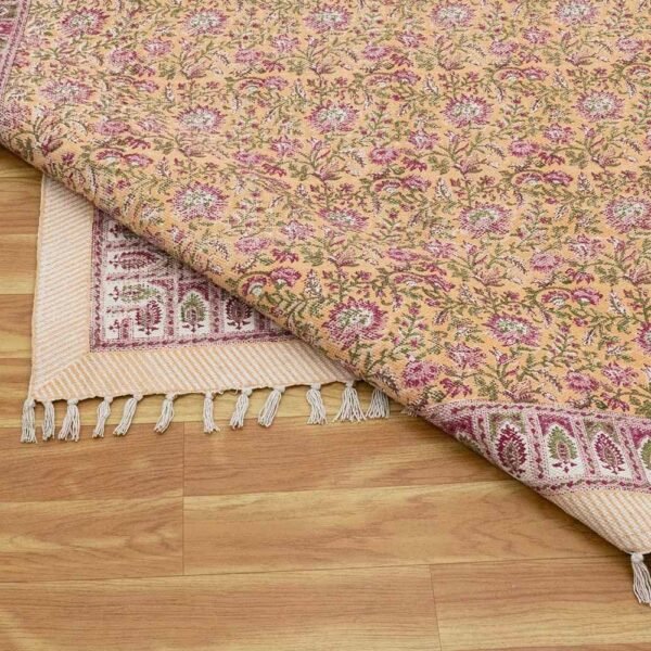 Hand Block Floral Pink Rug Cotton Living Area Rug - Image 7
