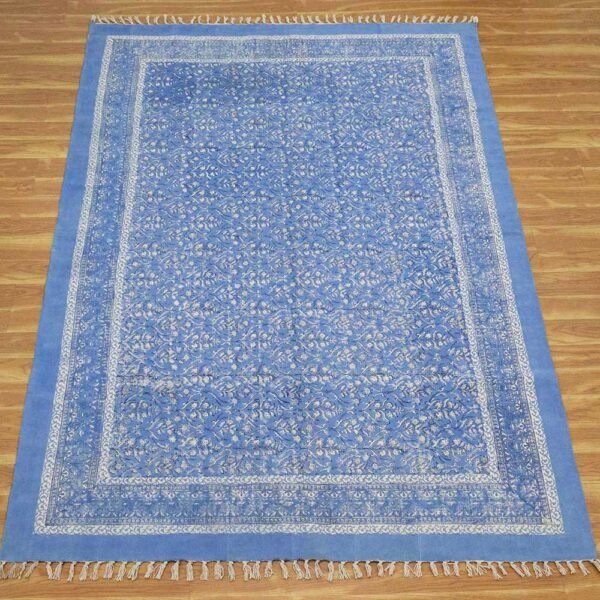 Blue Floral Rug Hand Block Cotton Rug - Image 4