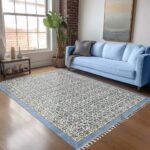 Sky Blue Cotton Handmade Blocks Printed Rug